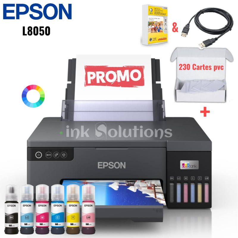 Epson EcoTank L8050 Imprimante Photo (C11CK37403) + 230 CARTES PVC & PAPIER PHOTO 10*15 EPSON
