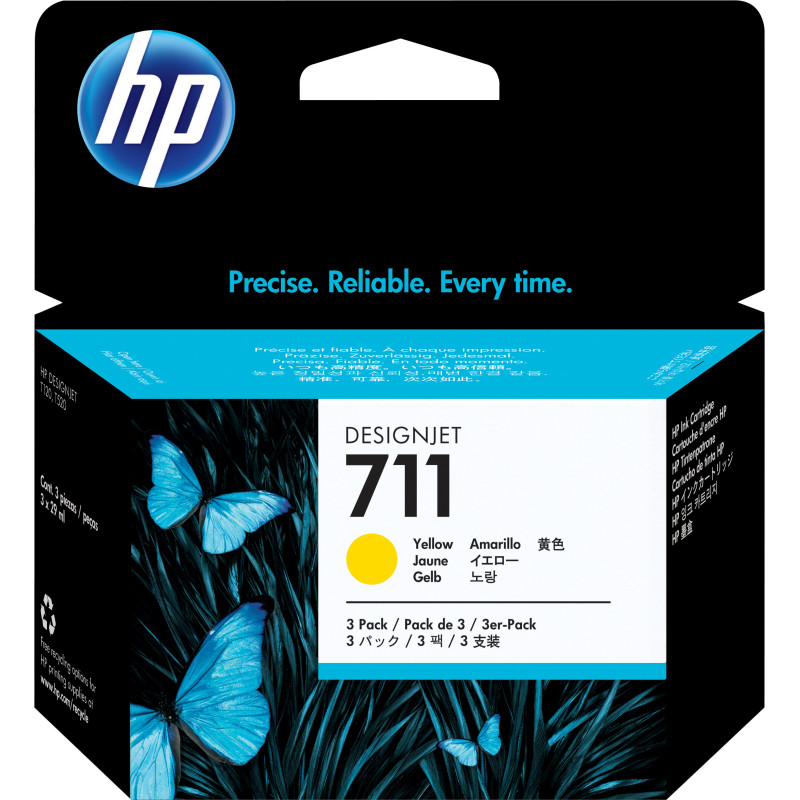 Pack de 3 Cartouches d'encre HP d'origine 711 Jaune (CZ136A) Hp