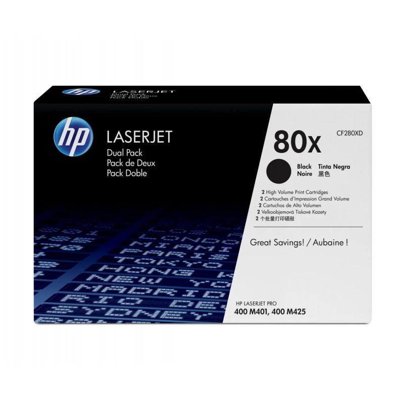 Pack de 2 toners grande capacité HP LaserJet d'origine 80X Noir (CF280XD) Hp